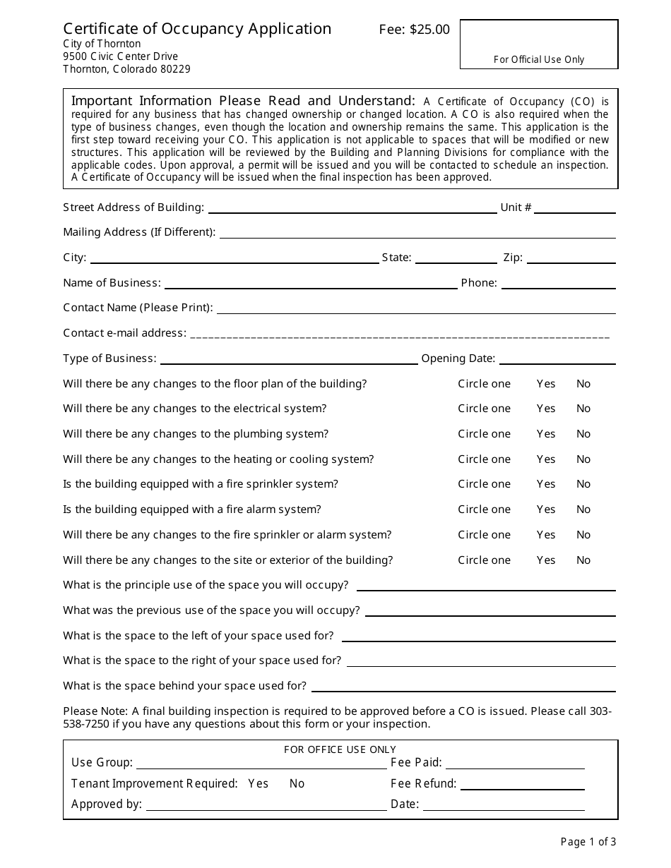 Certificate of Occupancy Application Form - City of Thornton, Colorado, Page 1