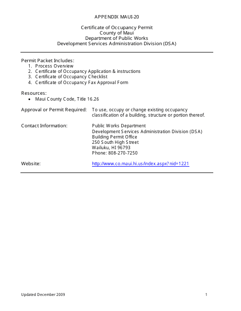 "Application Form for Certificate of Occupancy" - County of Maui, Hawaii Download Pdf