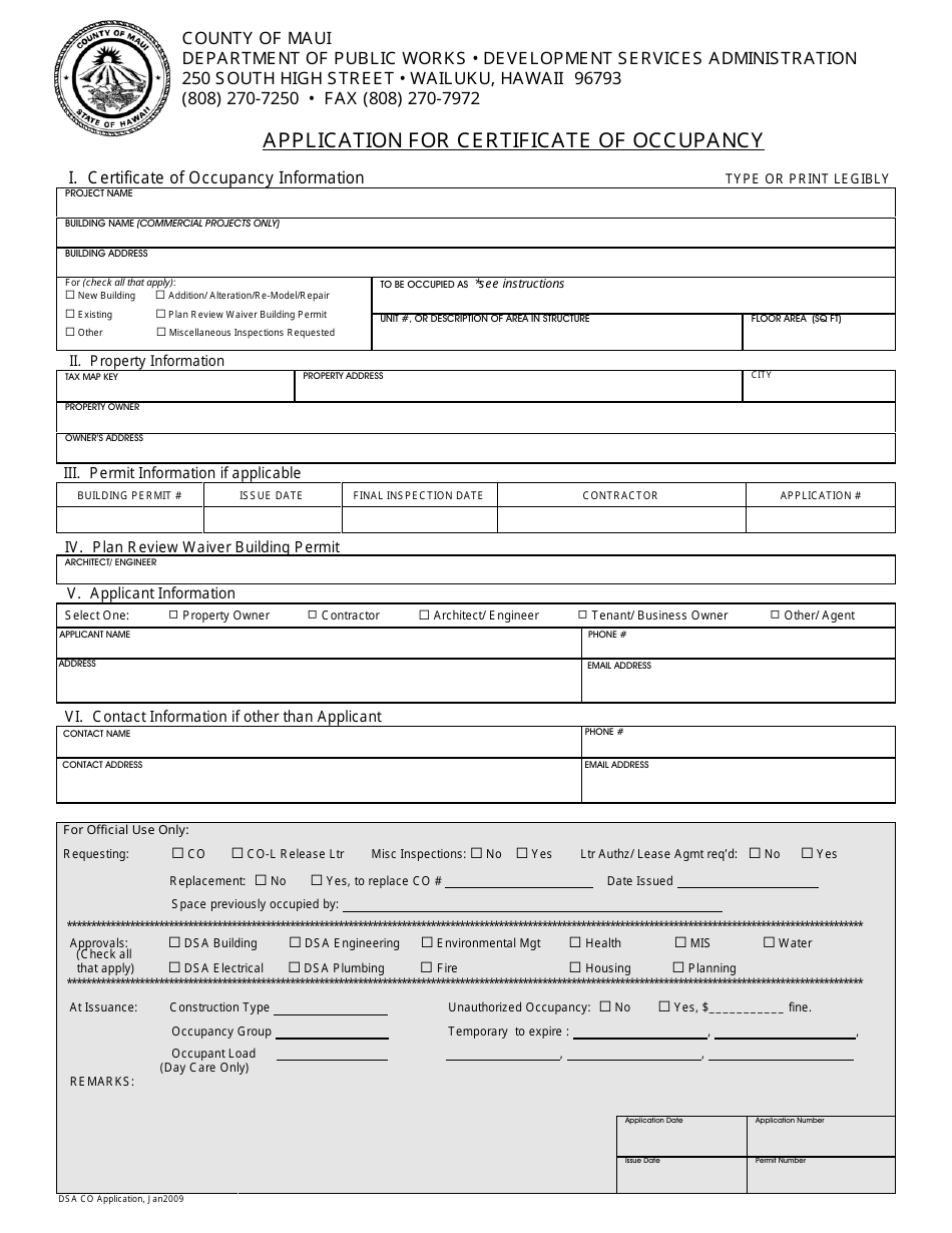 Application Form for Certificate of Occupancy - County of Maui, Hawaii, Page 3