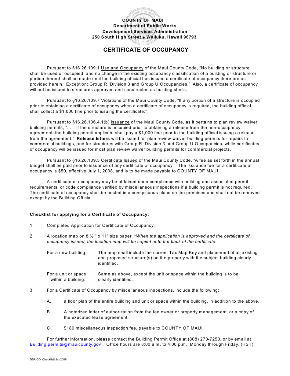 Application Form for Certificate of Occupancy - County of Maui, Hawaii, Page 5
