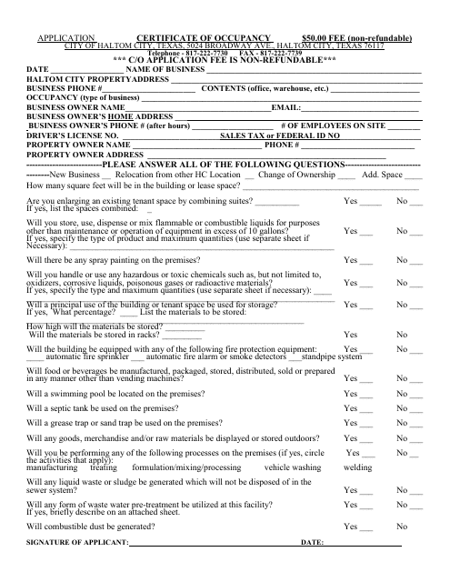 "Application Form for Certificate of Occupancy" - Haltom City, Texas Download Pdf