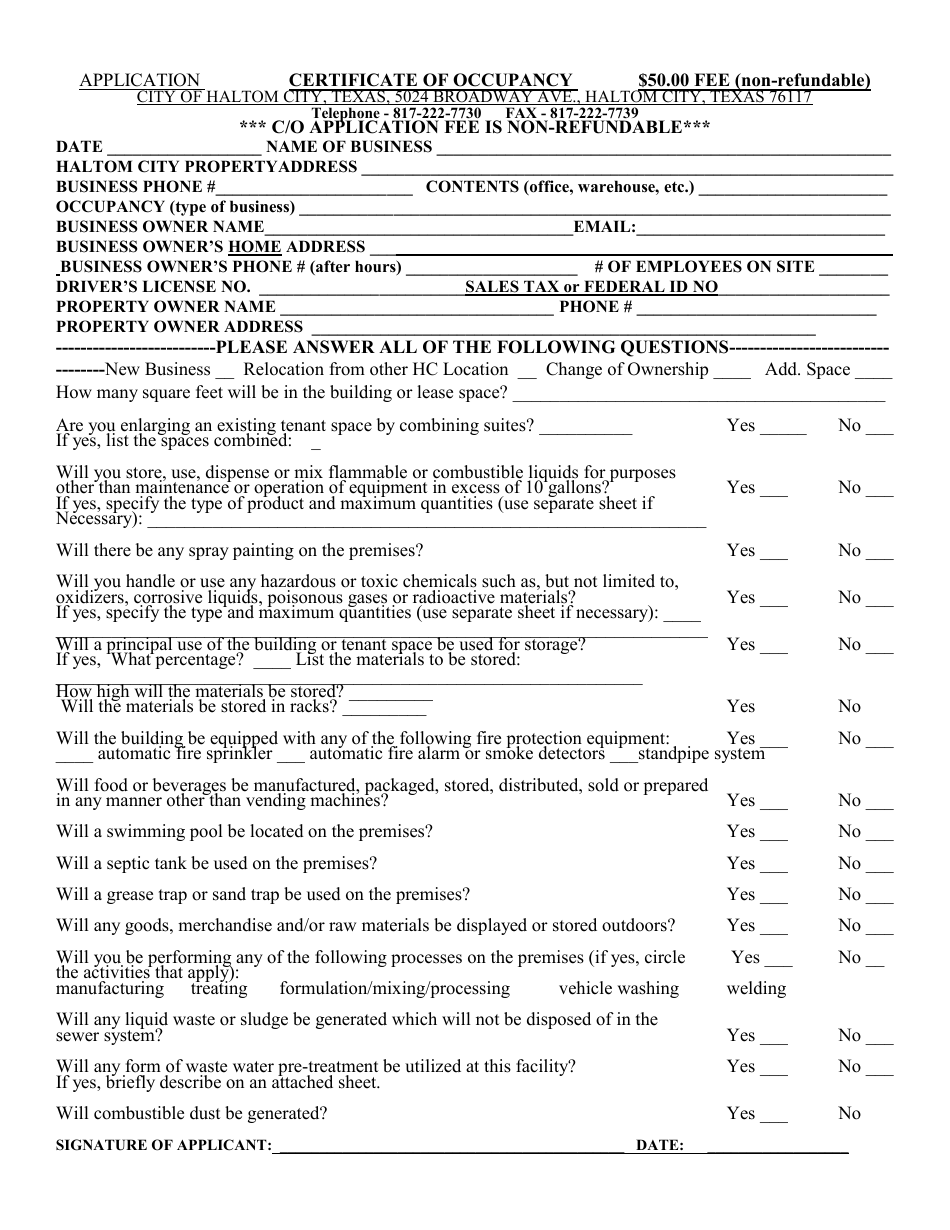 Application Form for Certificate of Occupancy - Haltom City, Texas, Page 1