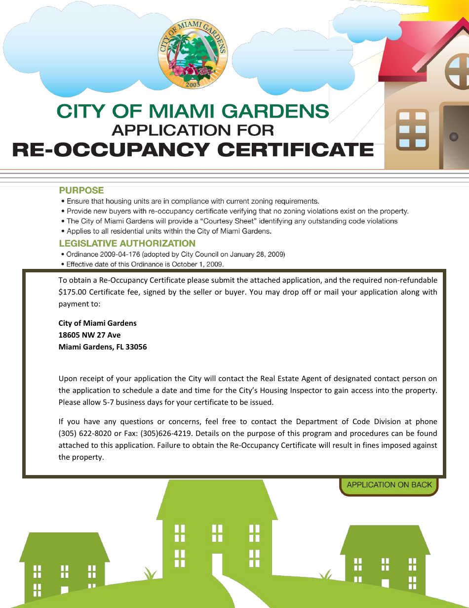 Re-occupancy Certificate Application Form - City of Miami Gardens, Florida, Page 1