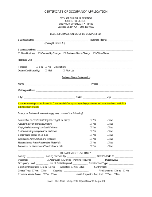 Certificate of Occupancy Application Form - City of Sulphur Springs, Texas Download Pdf