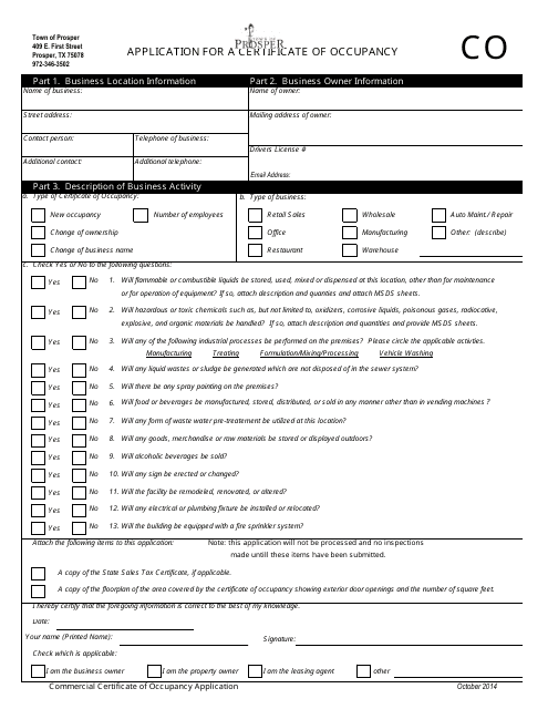 Application for a Certificate of Occupancy Form - Town of Prosper, Texas Download Pdf