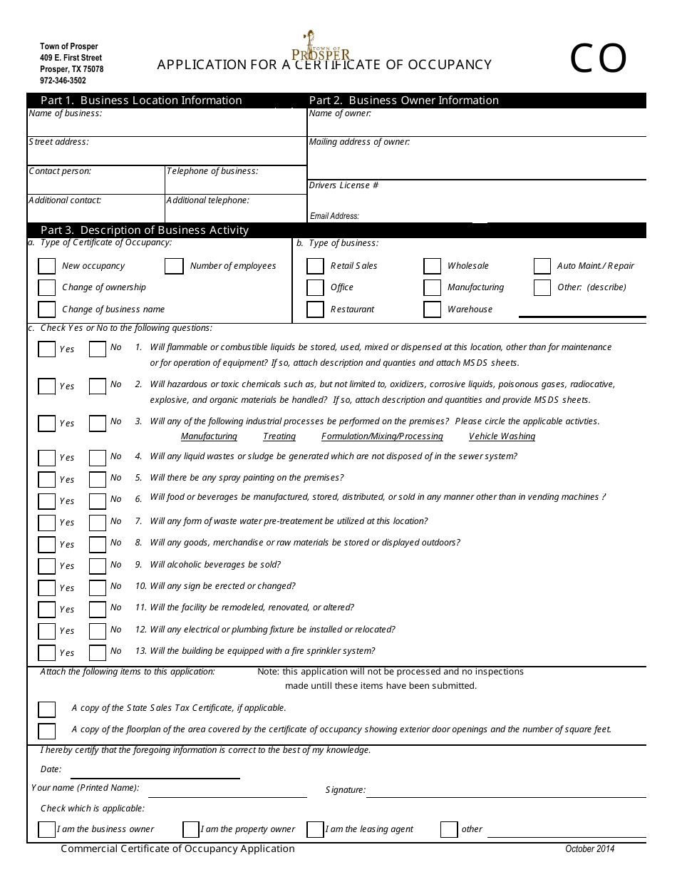 Application for a Certificate of Occupancy Form - Town of Prosper, Texas, Page 1