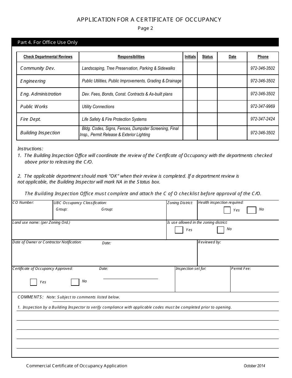 Application for a Certificate of Occupancy Form - Town of Prosper, Texas, Page 2