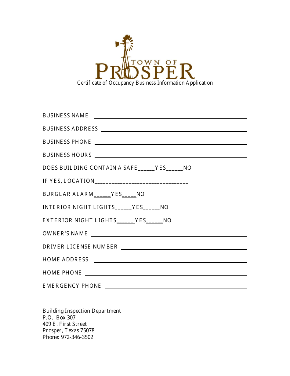 Application for a Certificate of Occupancy Form - Town of Prosper, Texas, Page 3