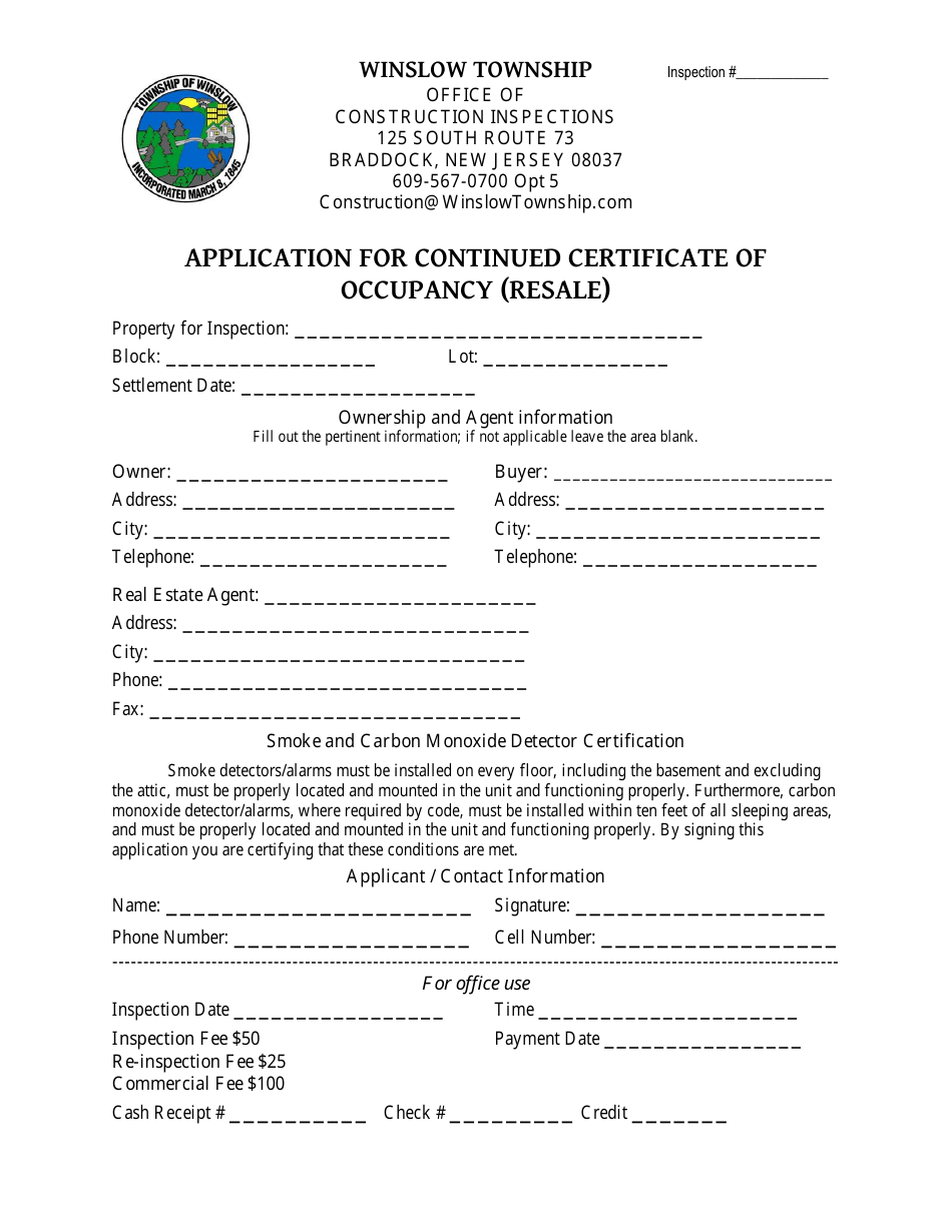 Application Form for Continued Certificate of Occupancy (Resale) - Township of Winslow, New Jersey, Page 1
