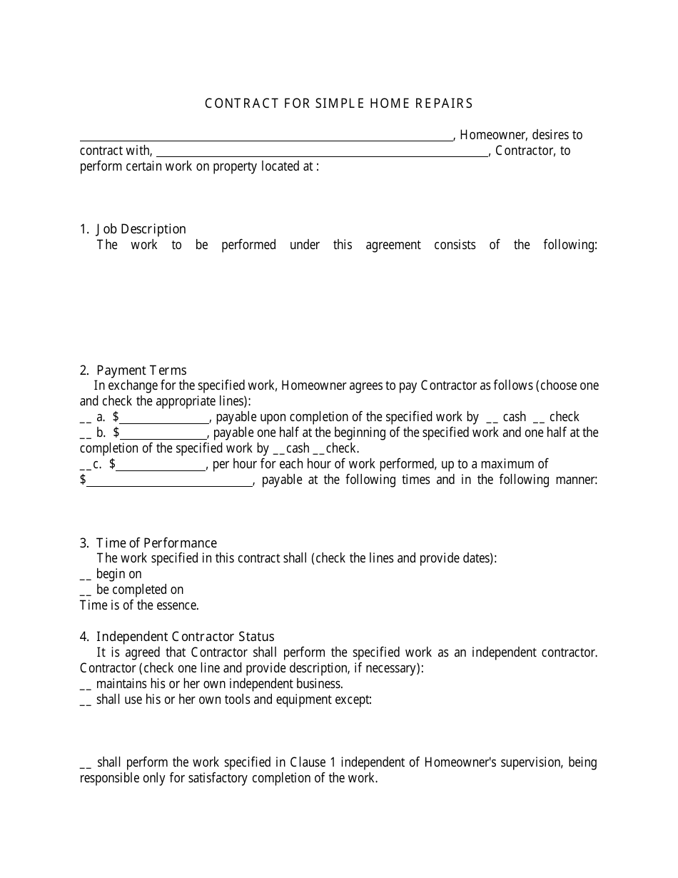 Simple Home Repairs Contract Template - Fill Out, Sign Online and ...