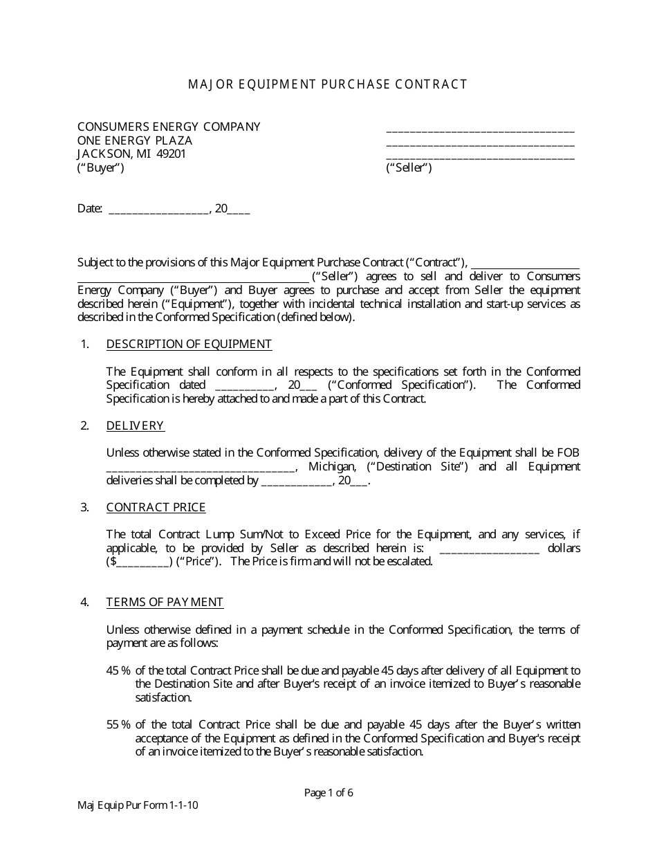 Major Equipment Purchase Contract Template - Michigan, Page 1