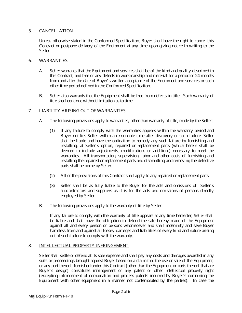 Major Equipment Purchase Contract Template - Michigan, Page 2