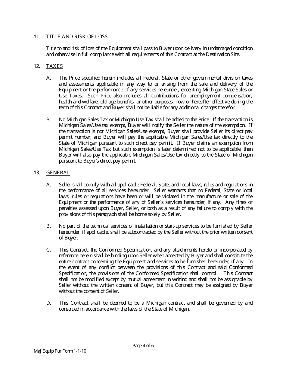 Major Equipment Purchase Contract Template - Michigan, Page 4