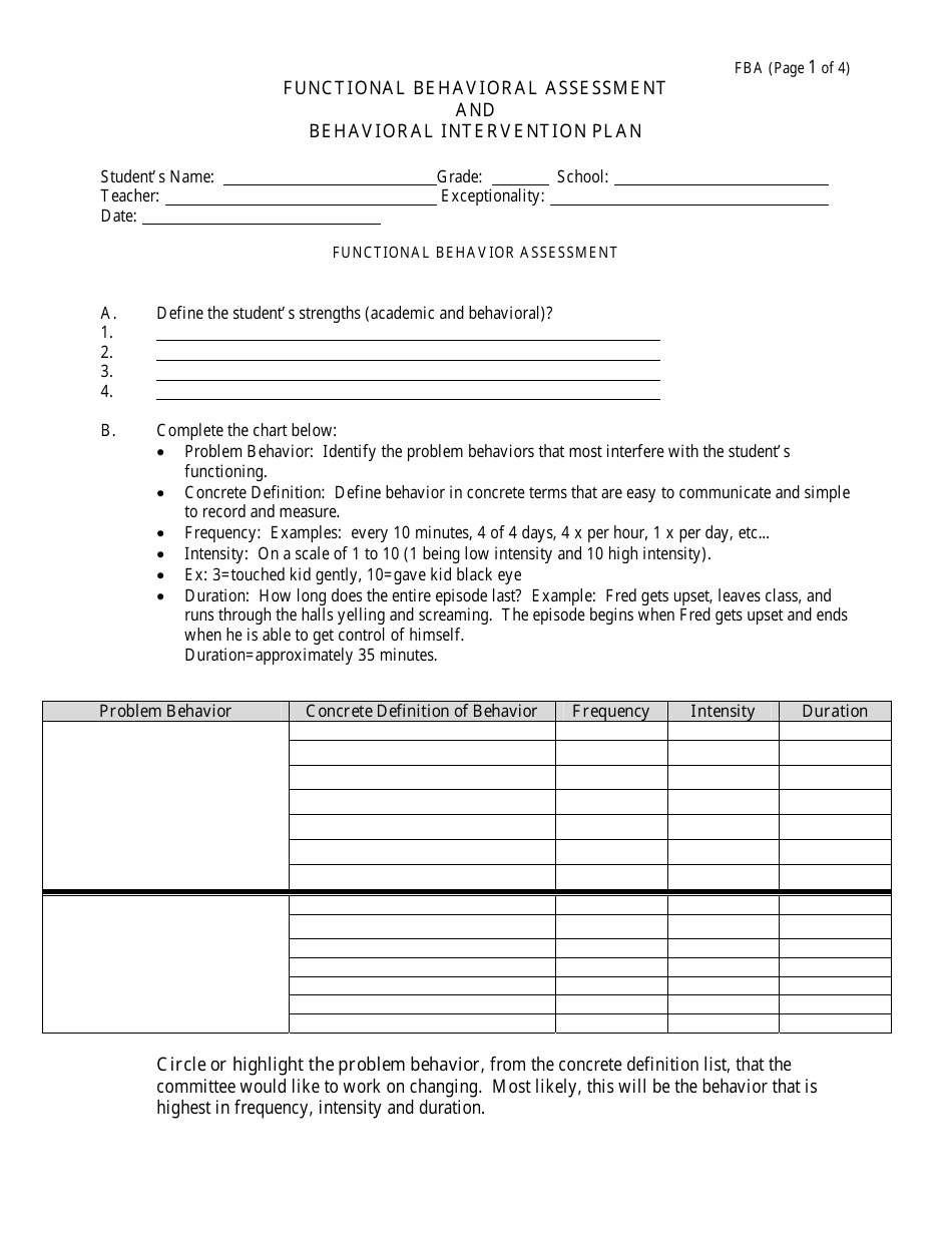 Functional Behavioral Assessment and Behavioral Intervention Plan Form, Page 1
