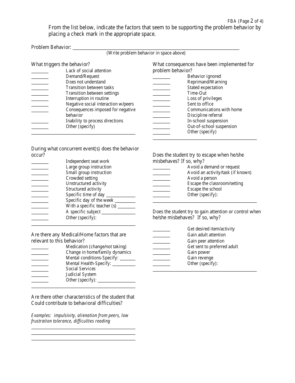 Functional Behavioral Assessment and Behavioral Intervention Plan Form ...