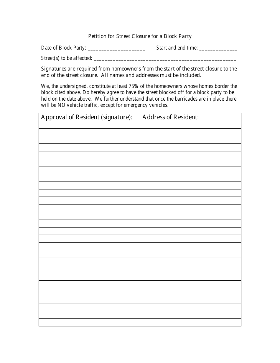 Block Party Street Closure Petition Template - Preview Image