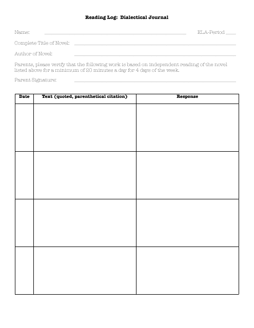Dialectical Journal Template - Reading Log