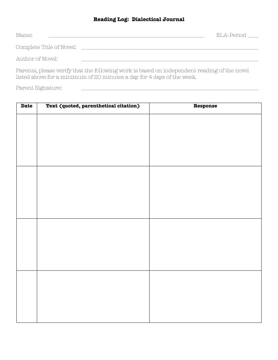 Dialectical Journal Template - Reading Log