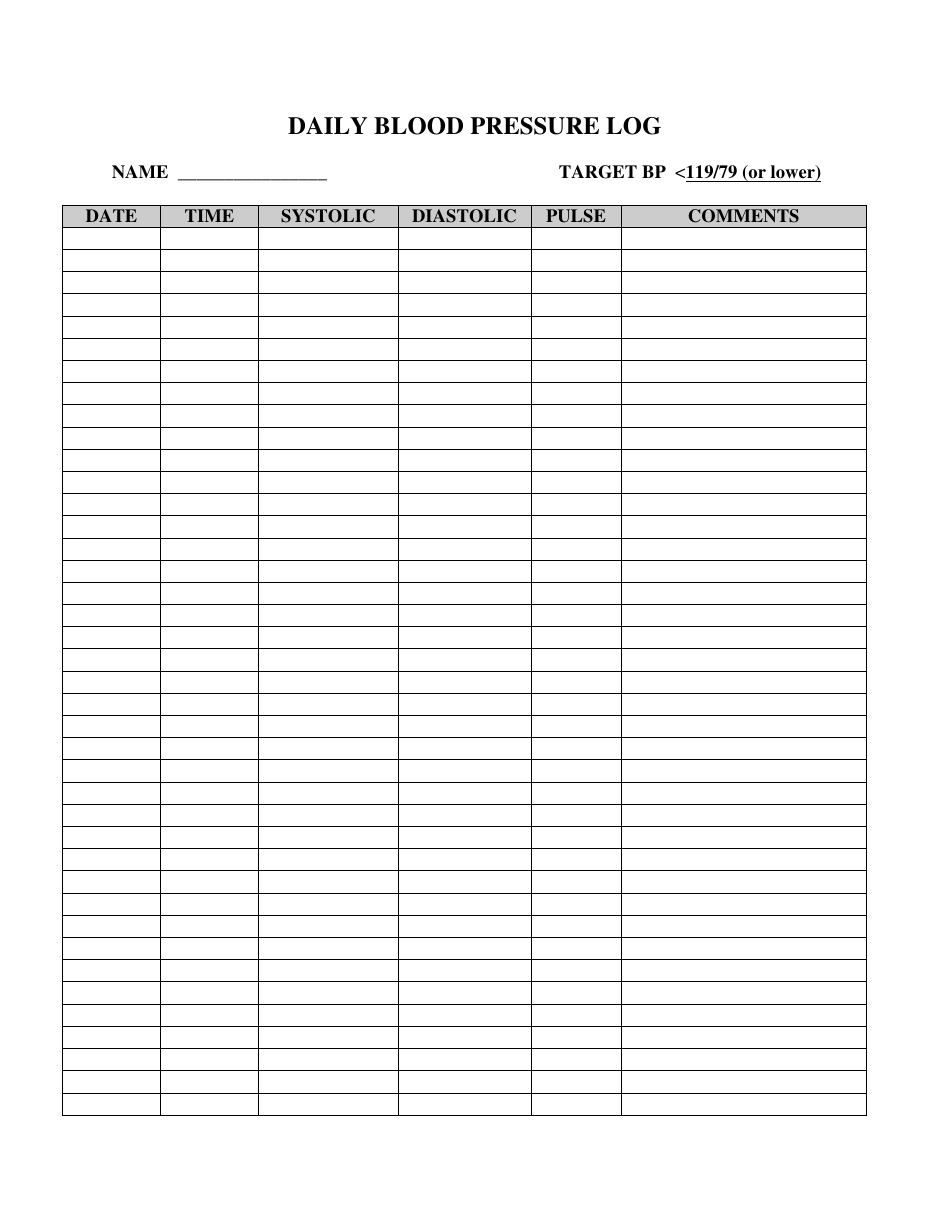 &quot;Daily Blood Pressure Log Template&quot; Download Pdf