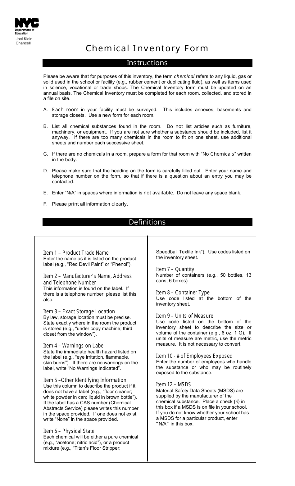 Chemical Inventory Form - New York City, Page 1