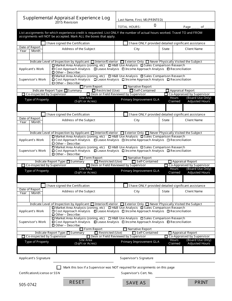 Supplemental Appraisal Experience Log Template Download Fillable PDF ...