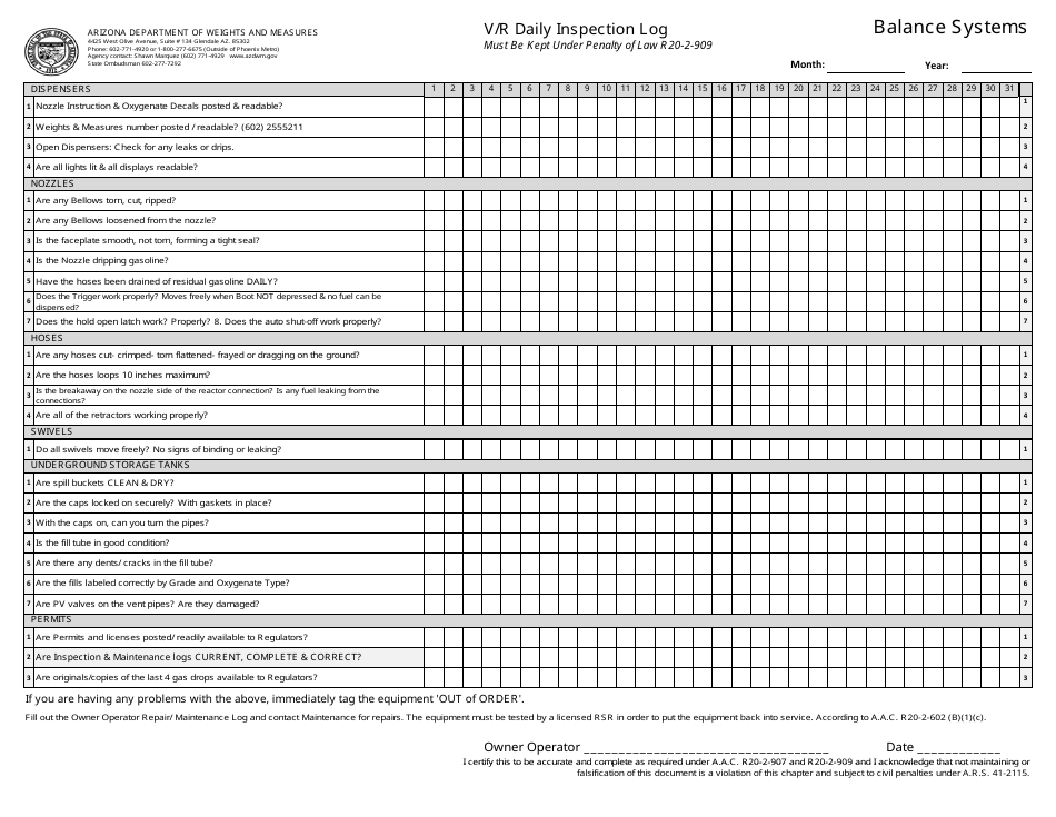 V / R Daily Inspection Log - Balance Systems - Arizona, Page 1