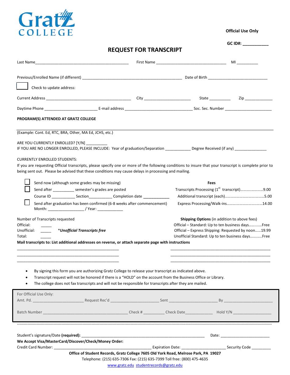 Pennsylvania Transcript Request Form - Gratz College - Fill Out, Sign ...