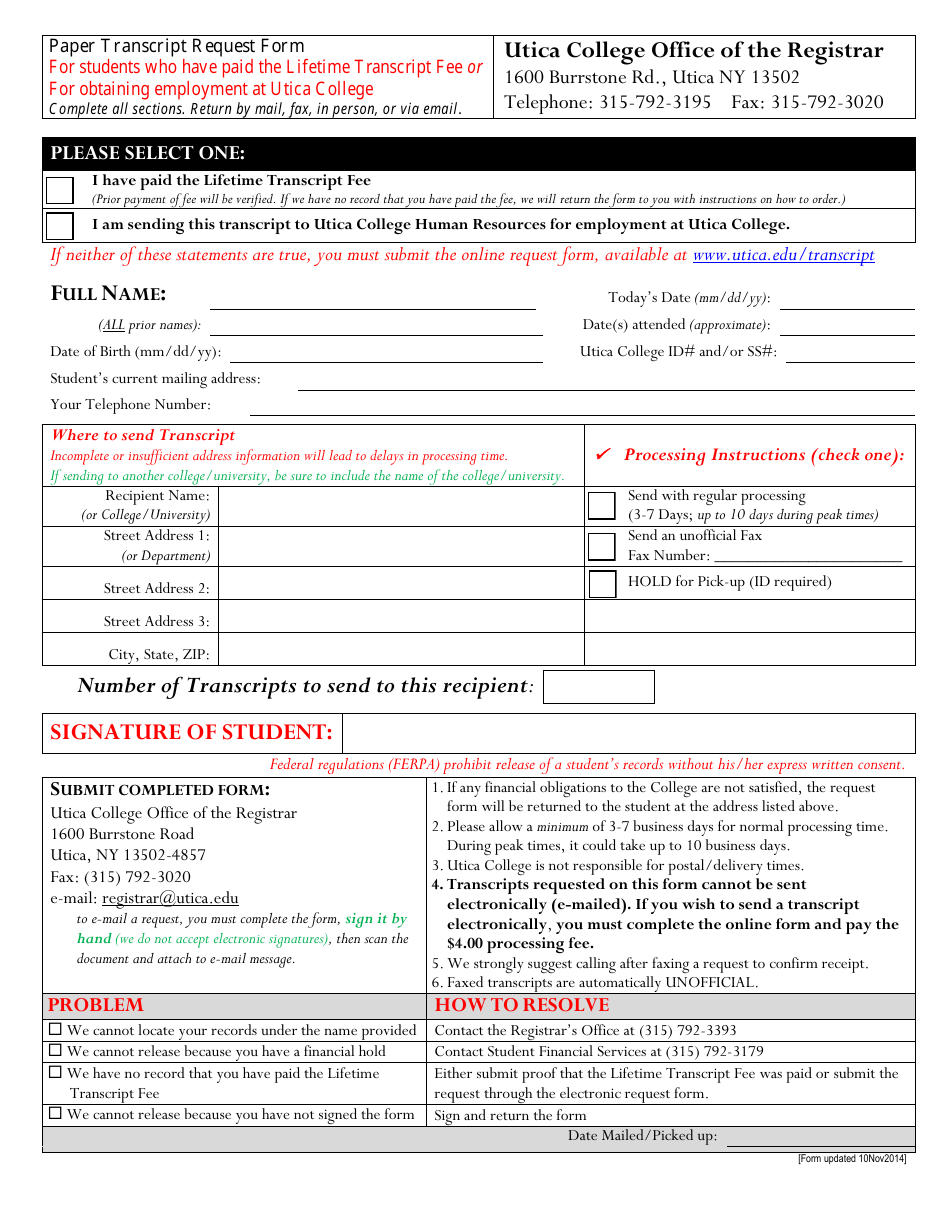 Paper Transcript Request Form - Utica College Office of the Registrar - New York, Page 1