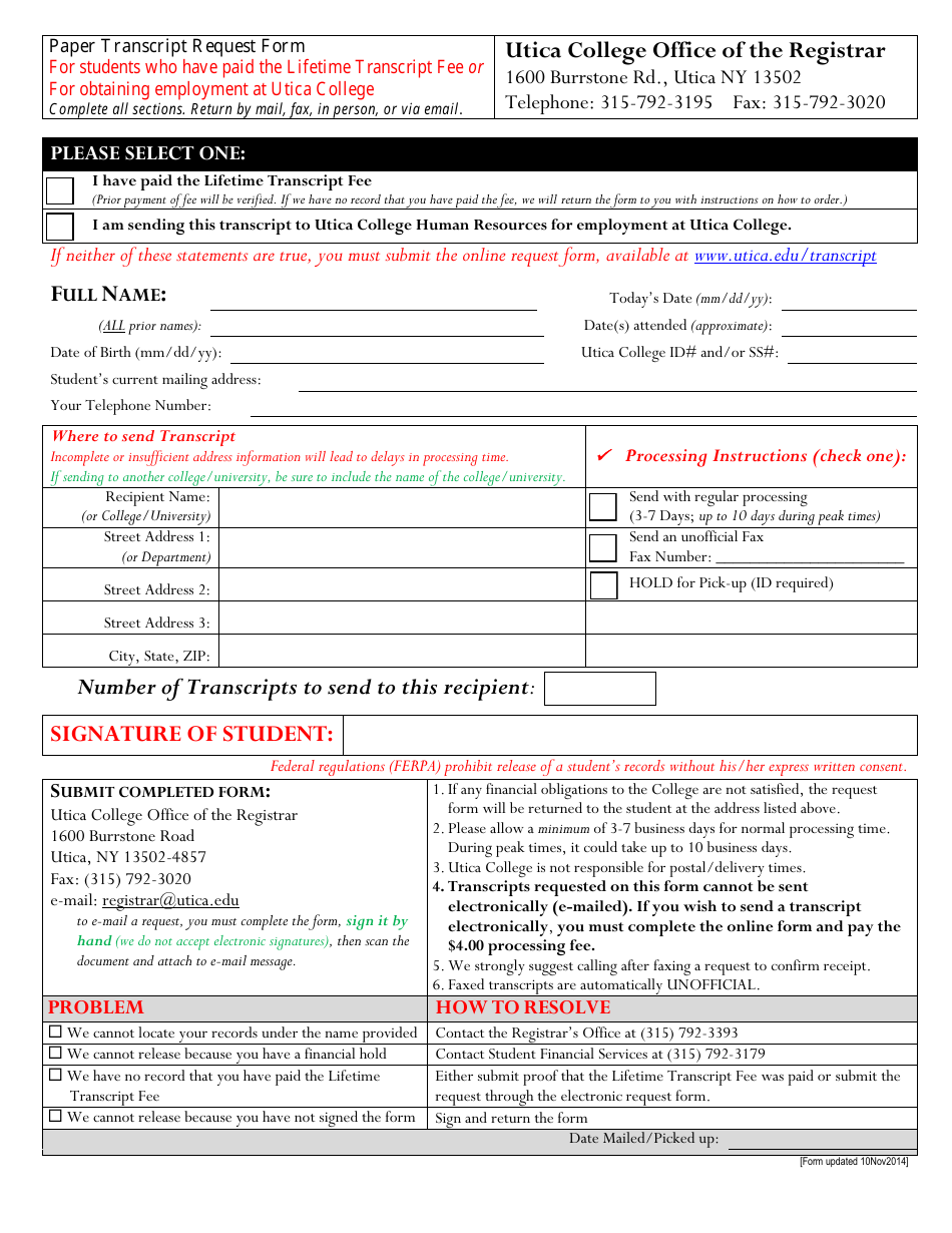 New York Paper Transcript Request Form - Utica College Office of the ...