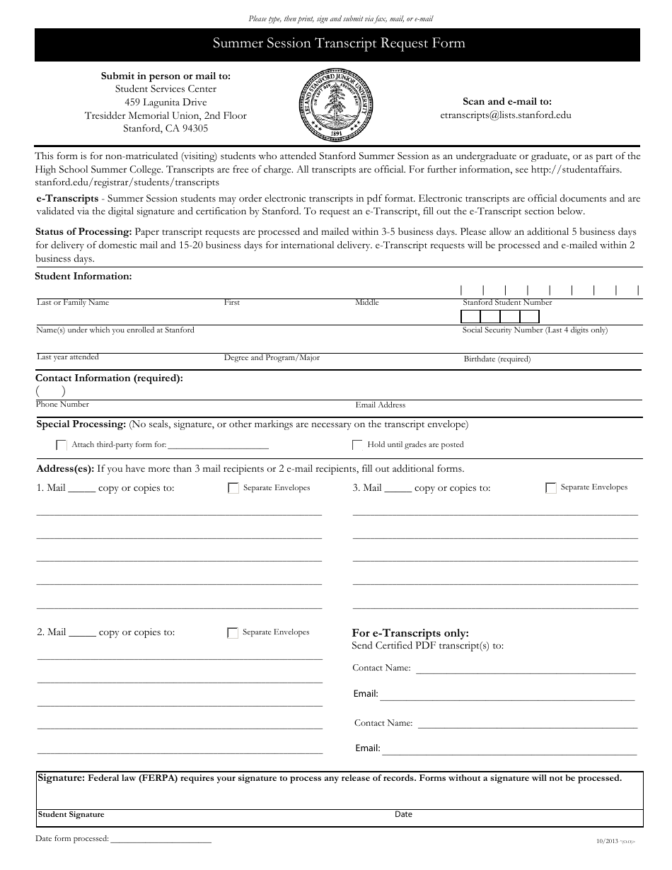 Summer Session Transcript Request Form - Leland Stanford Junior University - California, Page 1