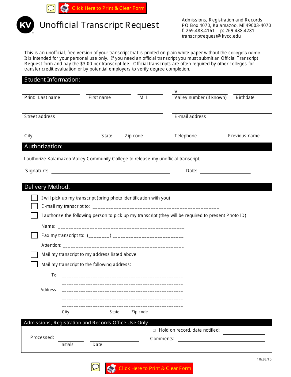 Michigan Unofficial Transcript Request - Kalamazoo Valley Community ...