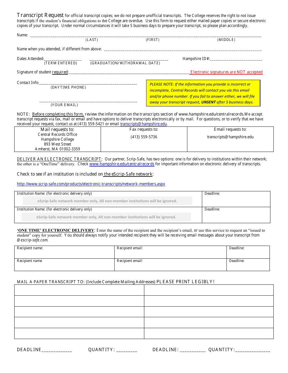 Transcript Request Form - Hampshire College - Massachusetts, Page 1