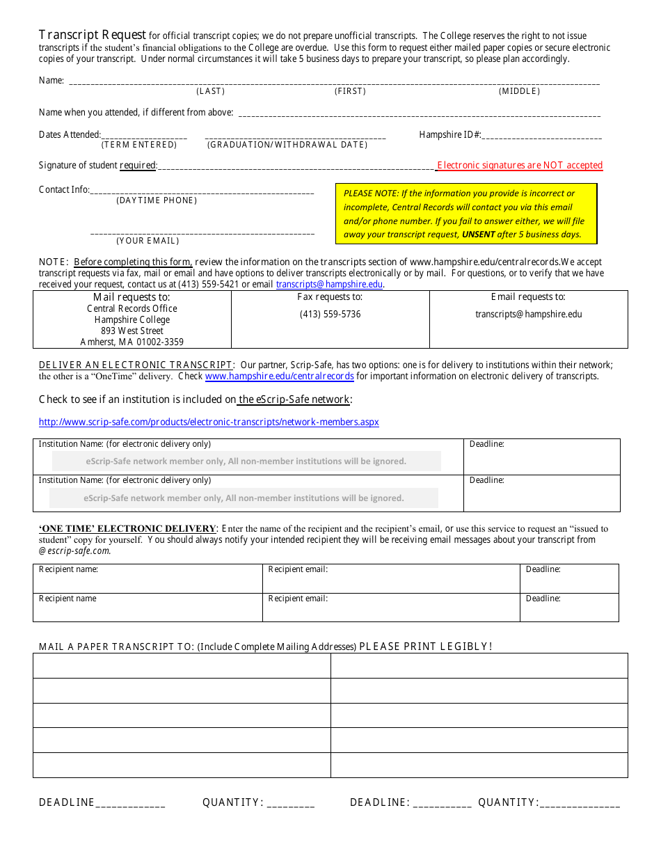 Massachusetts Transcript Request Form - Hampshire College - Fill Out ...