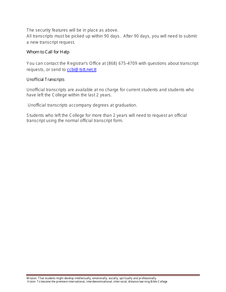 Transcript Request Form - Caribbean College of the Bible International - Trinidad and Tobago, Page 3