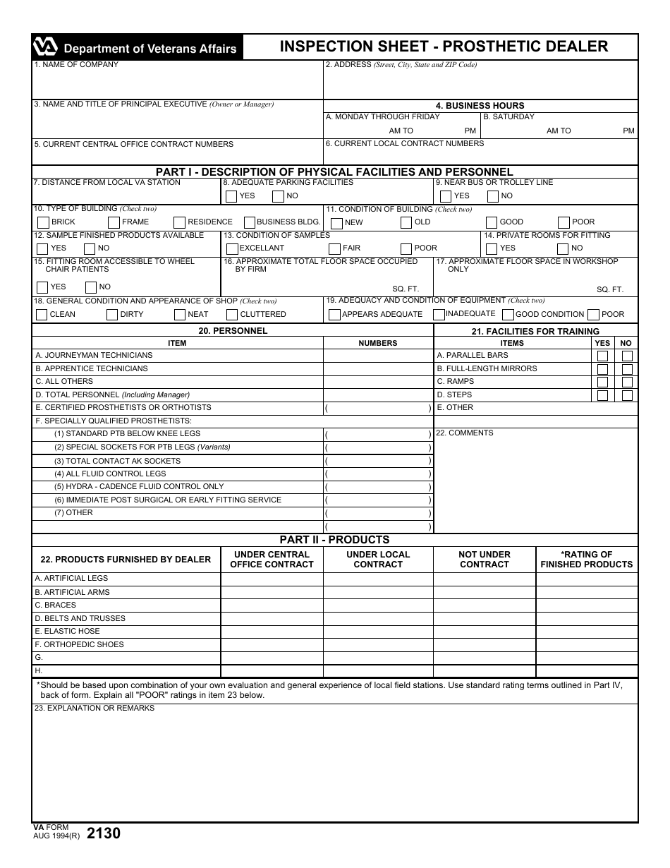 VA Form 2130 Inspection Sheet - Prosthetic Dealer, Page 1