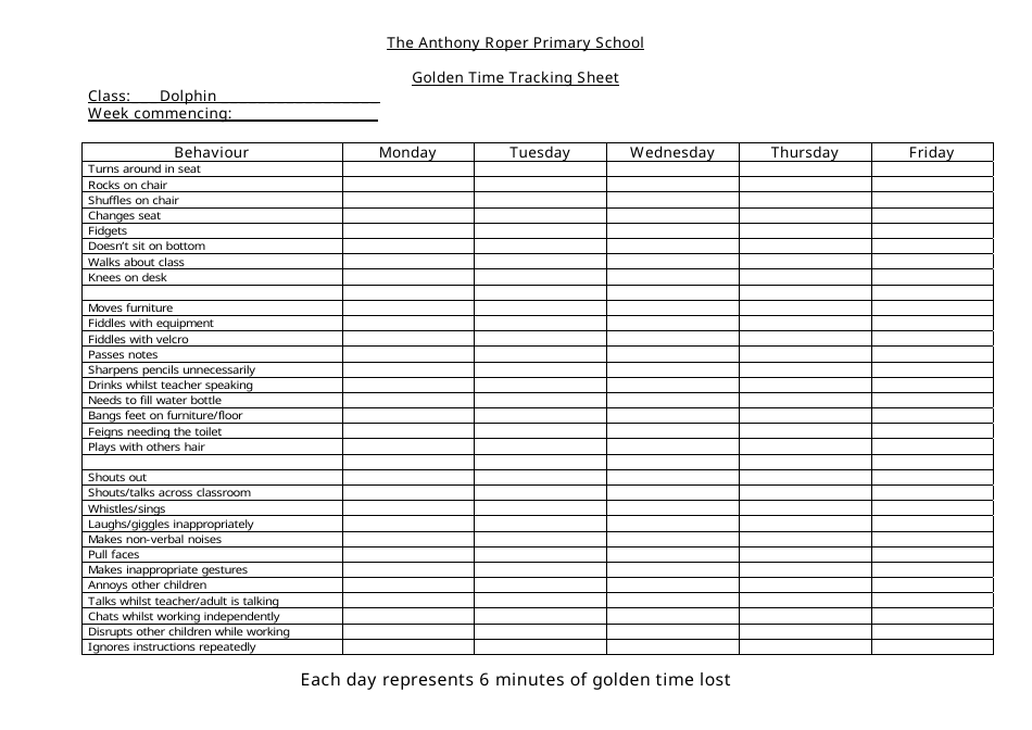 Golden Time Tracking Sheet - the Anthony Roper Primary School Download ...
