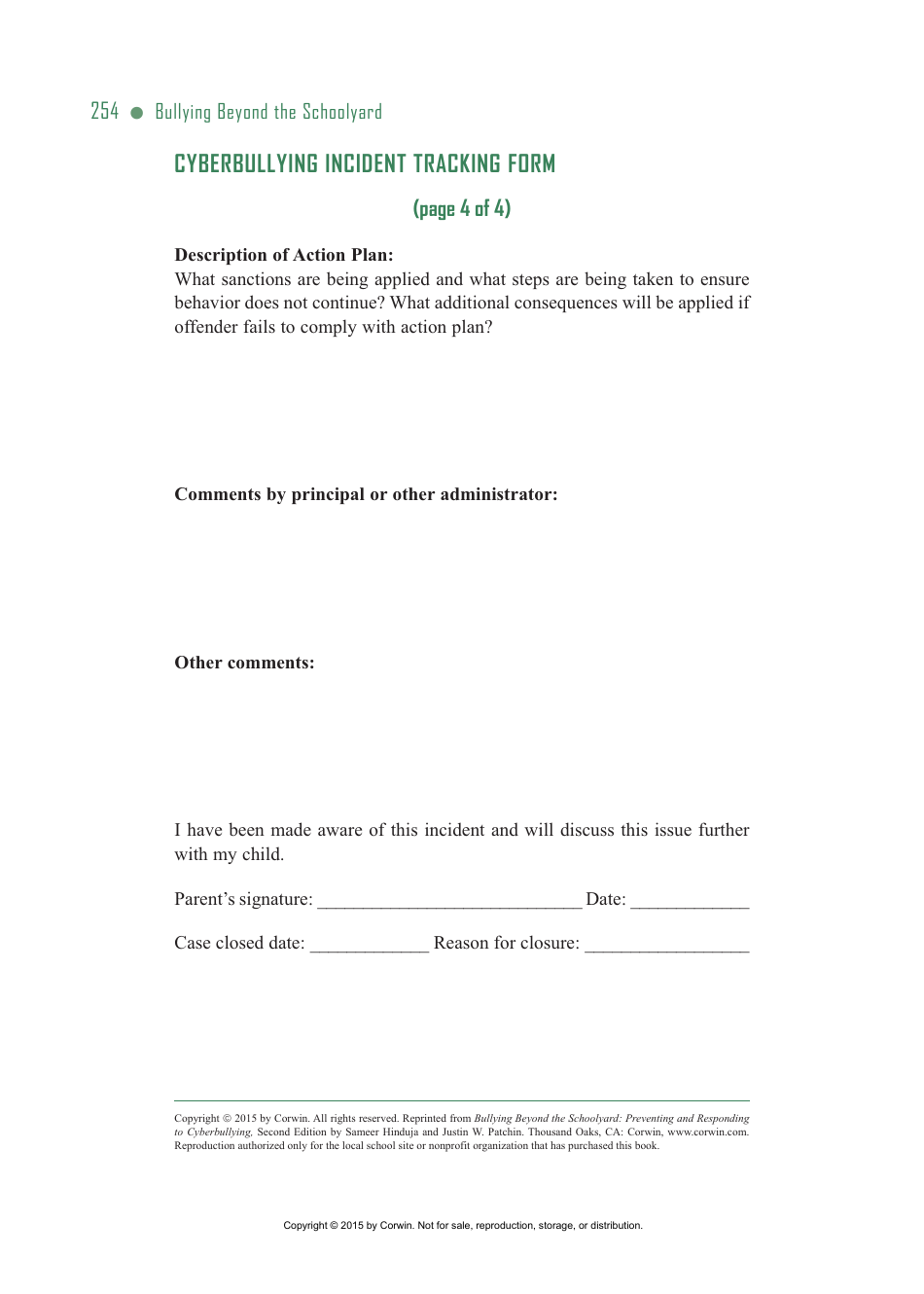 Cyberbullying Incident Tracking Form, Page 4