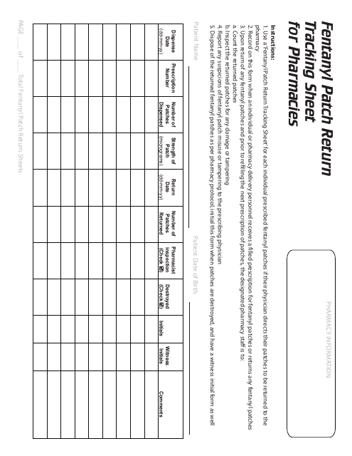 Fentanyl Patch Return Tracking Sheet for Pharmacies - Document Preview