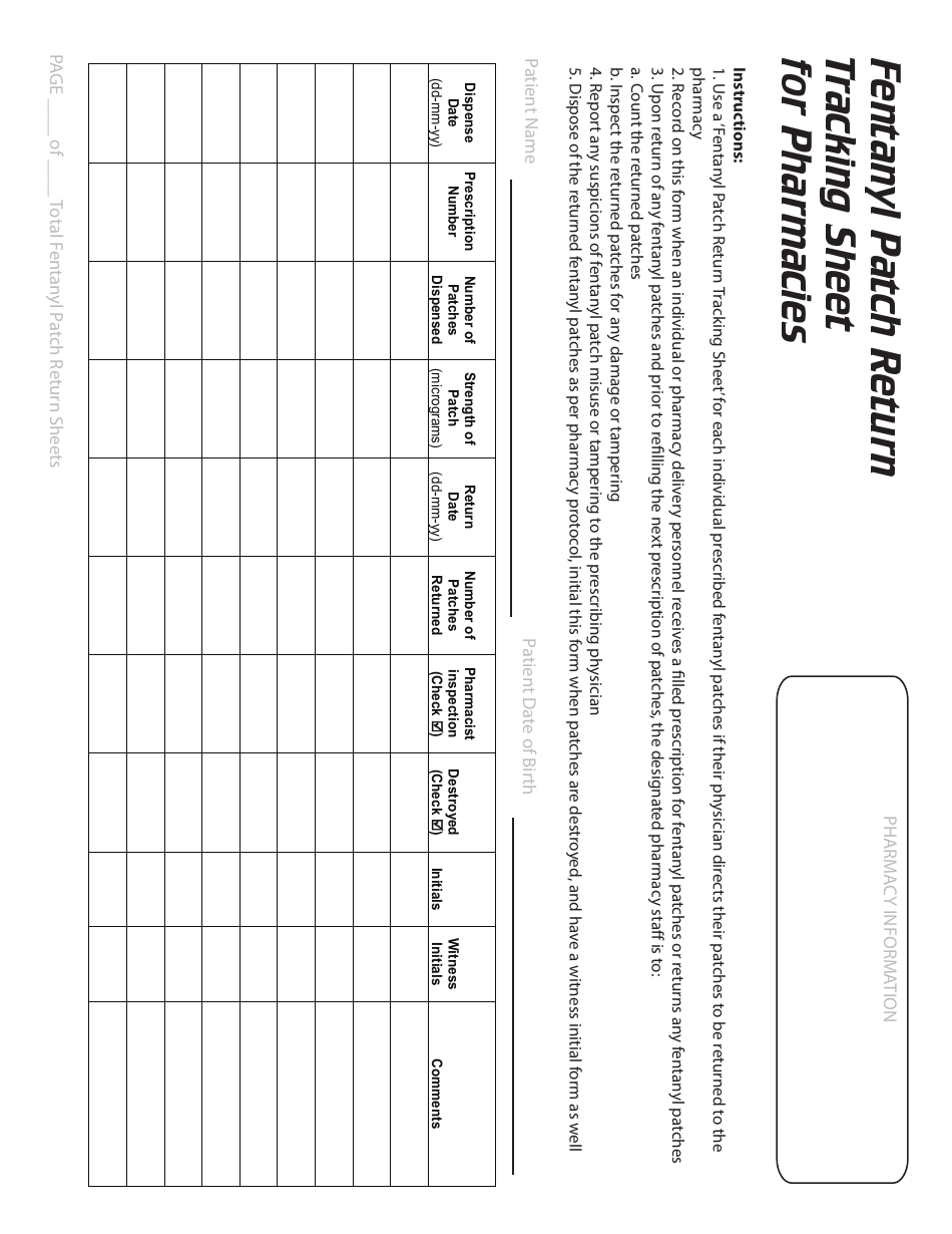 Fentanyl Patch Return Tracking Sheet for Pharmacies - Document Preview