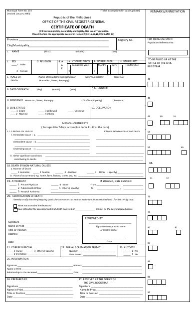 Municipal Form 103 Certificate of Death - Catbqalogan, Philippines