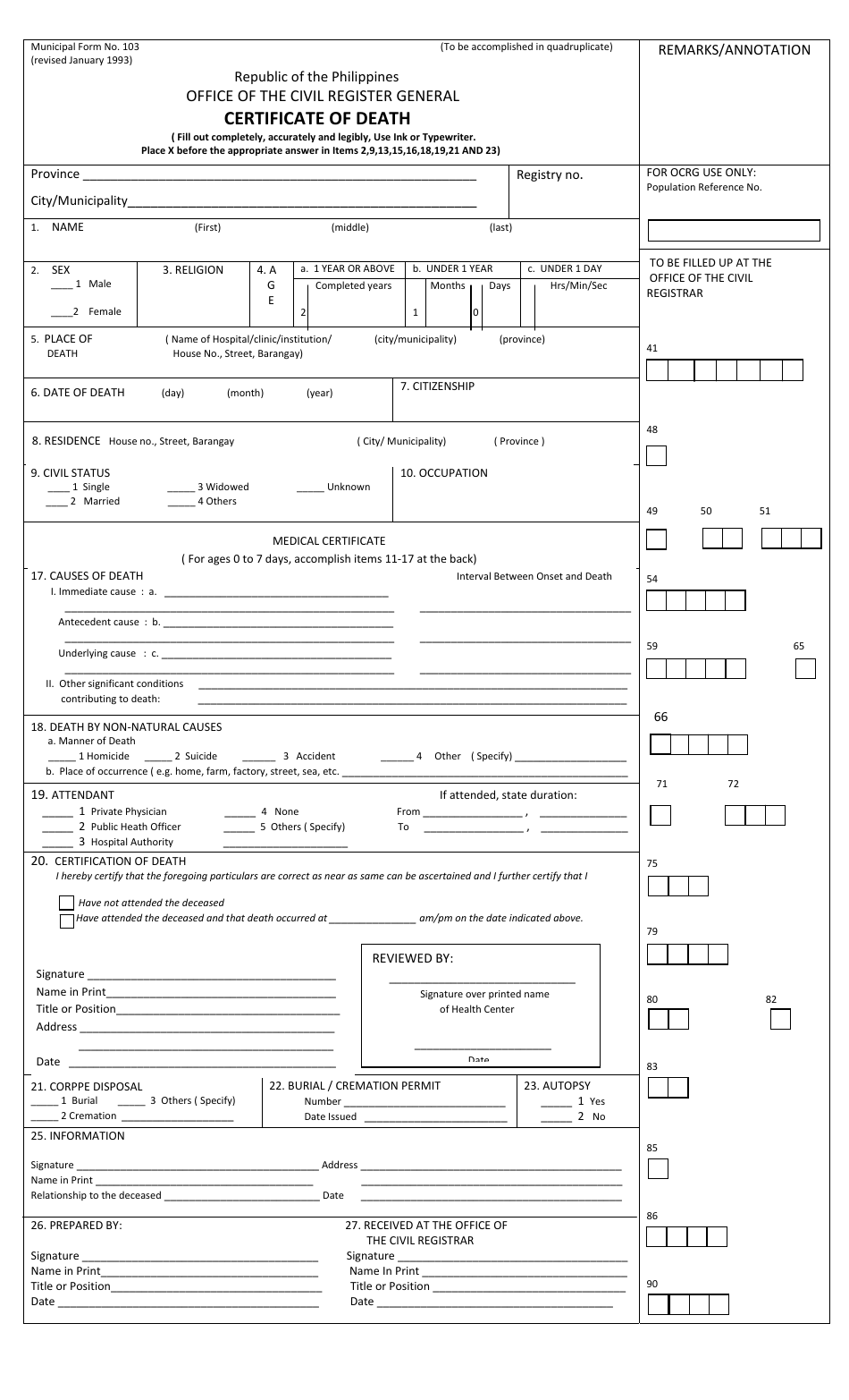 Municipal Form 103 Certificate of Death - Catbqalogan, Philippines, Page 1
