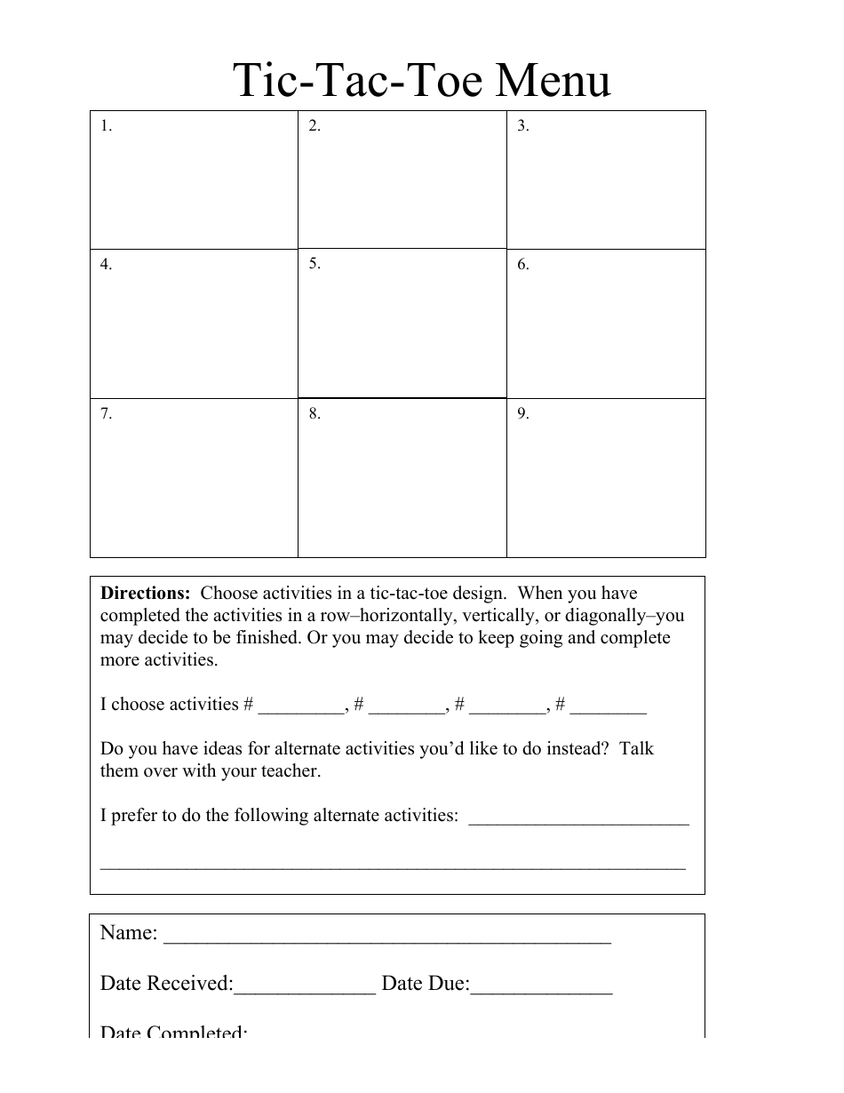 Tic Tac Toe Game Menu Template Download Printable Pdf Templateroller
