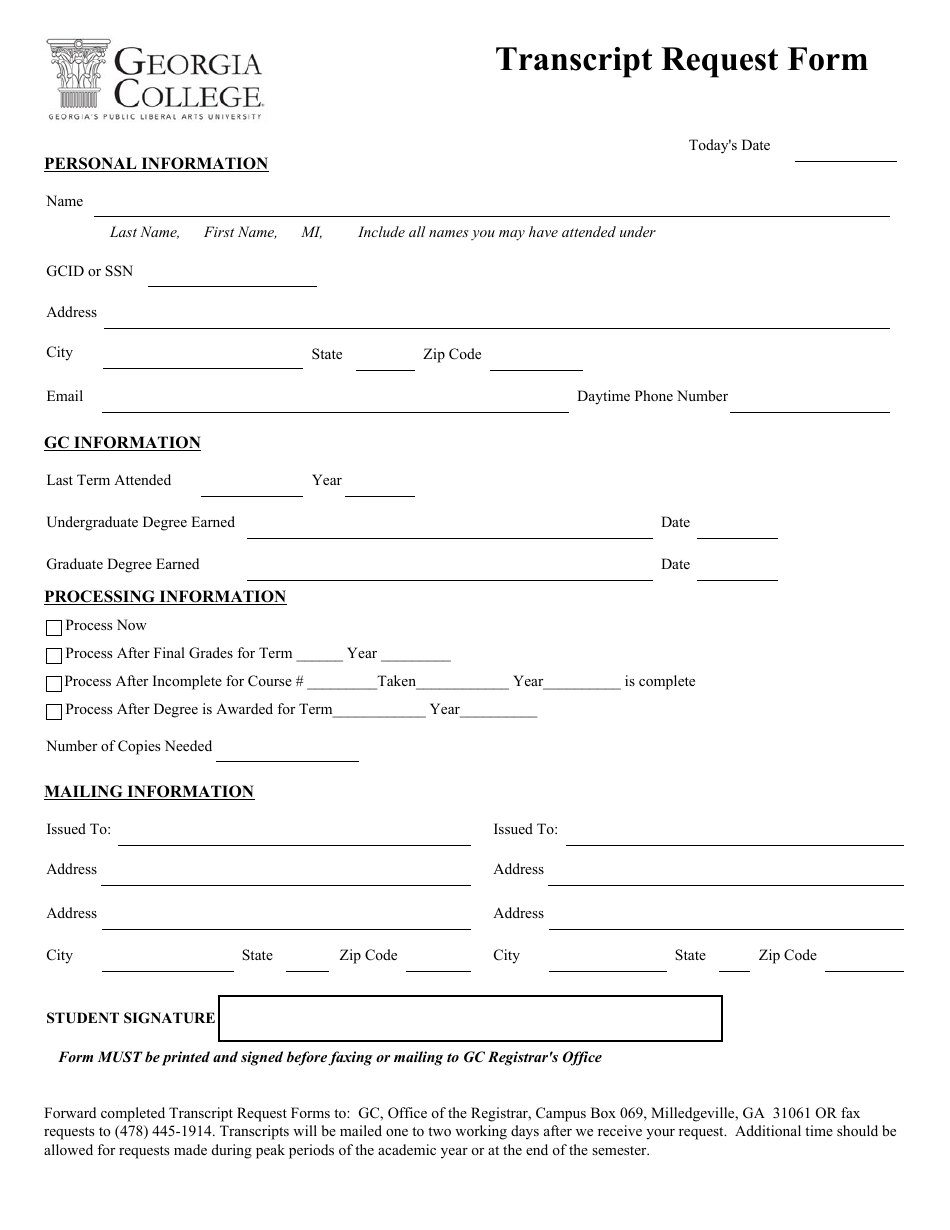 Transcript Request Form - Georgia College - Georgia (United States), Page 1