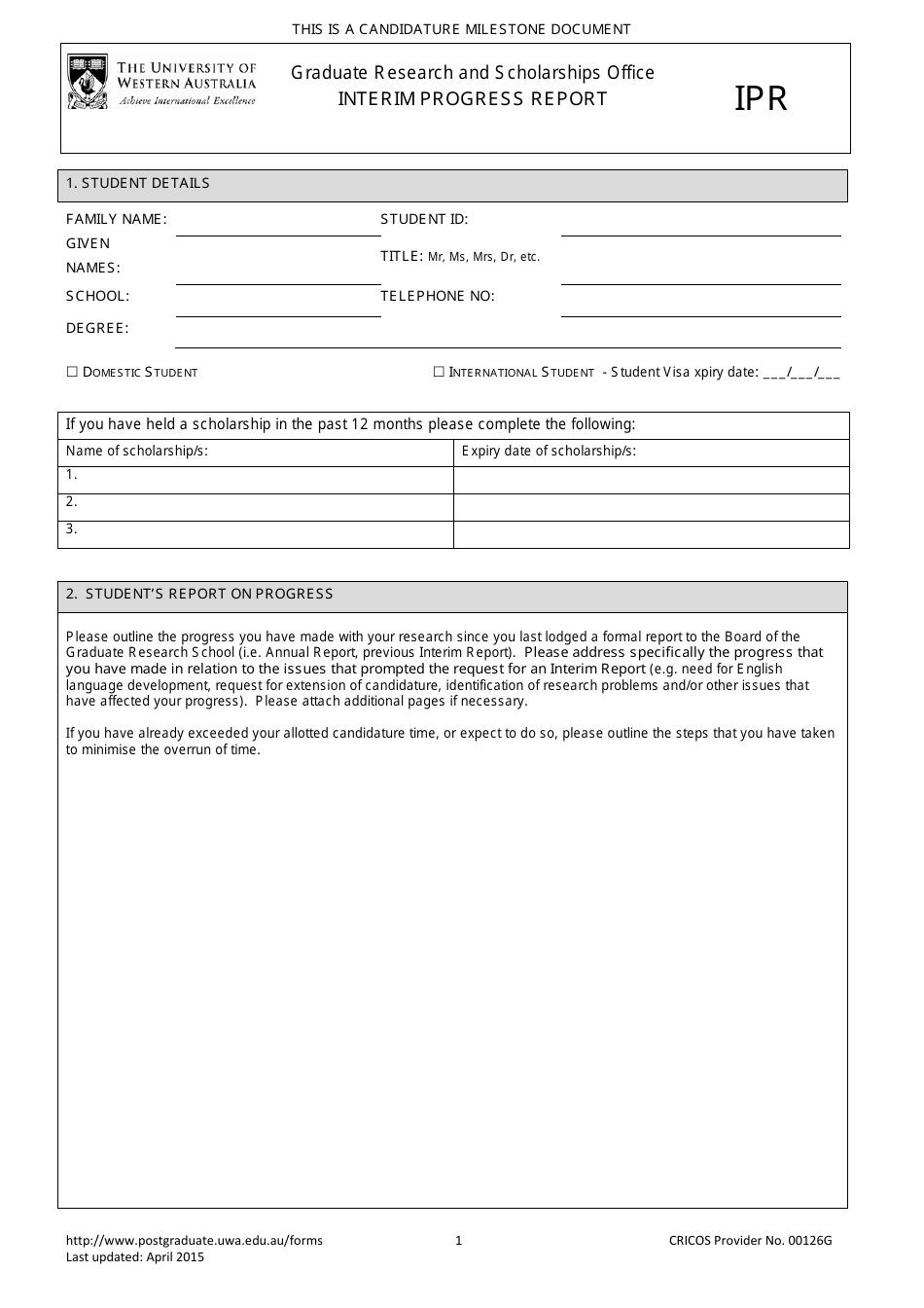 Australia Interim Progress Report Template the University of Western