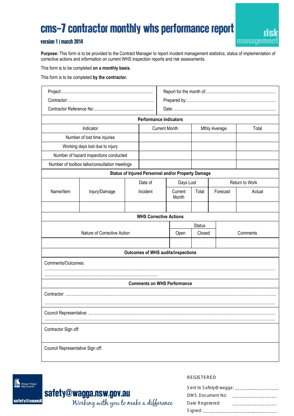 Cms-7 Contractor Monthly WHS Performance Report Template - Australia, Page 1