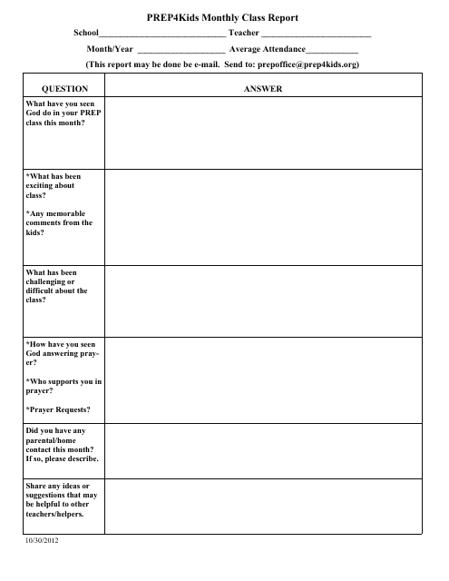 Monthly Class Report Template - Prep4kids