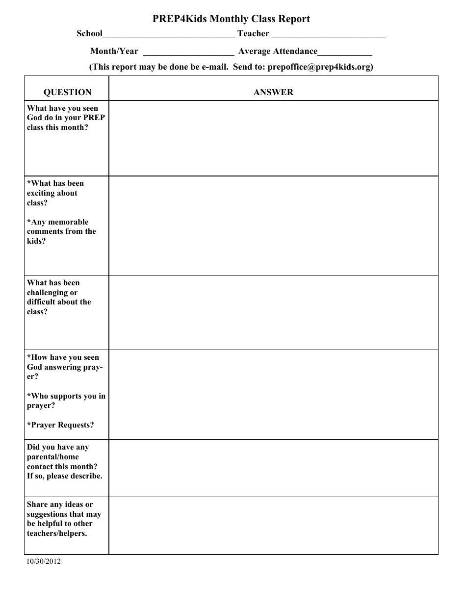 Monthly Class Report Template - Prep4kids, Page 1