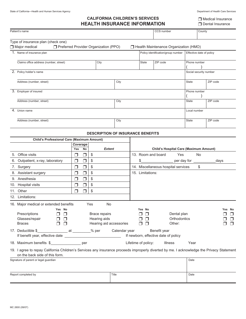 Form MC2600 Health Insurance Information - California, Page 1