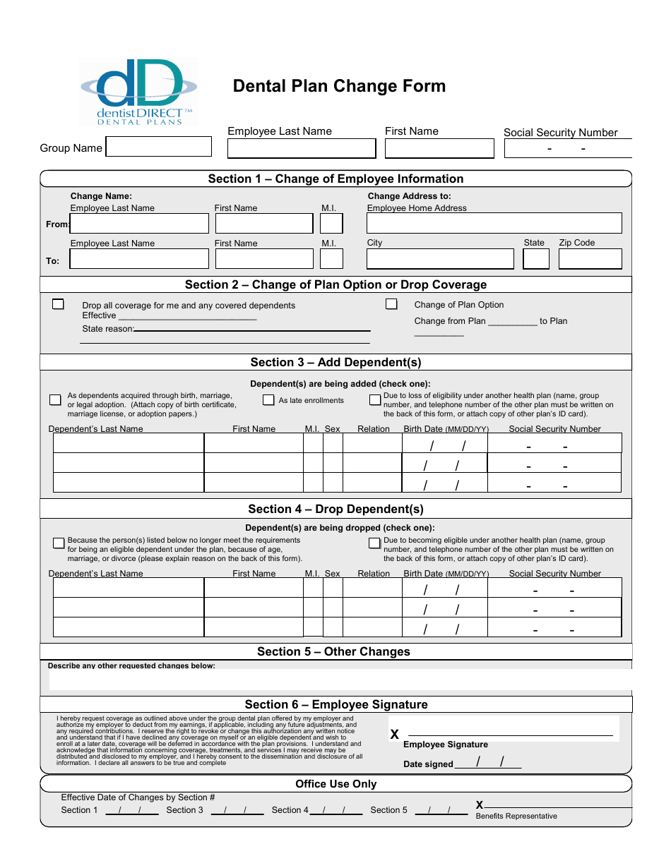 Dental Plan Change Form for Employee - Dentistdirect, Page 1