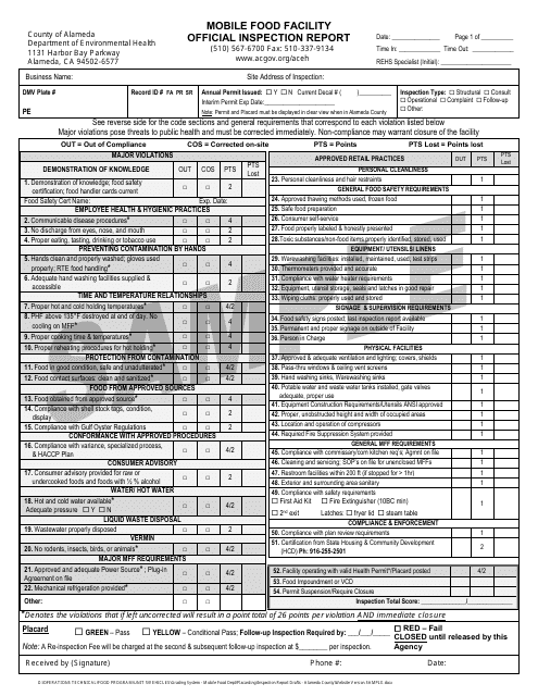 Mobile Food Facility Official Inspection Report - Sample - Alameda County, California Download Pdf